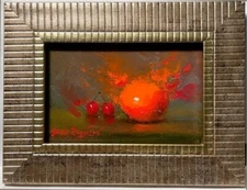 GALE RUGGIERO Realism CONTEMPORARY OIL PAINTING Still Life 4"x6" ORANGE/Cherries