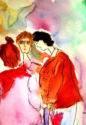 Kunstdruck DIN A4 – Marktgeschwätz – lustiges Aquarell mit 2 Damen & 2 Herren – - Bild 3 von 6