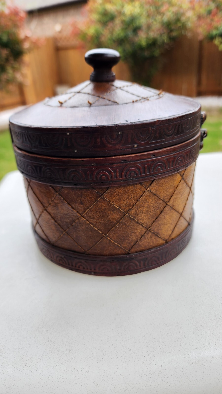 Vintage handmade round wooden jewelry box with antique charm  -image