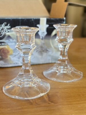 Style Brite 24% Lead Crystal Glass Candlestick Set of 2 - VTG/New In Box