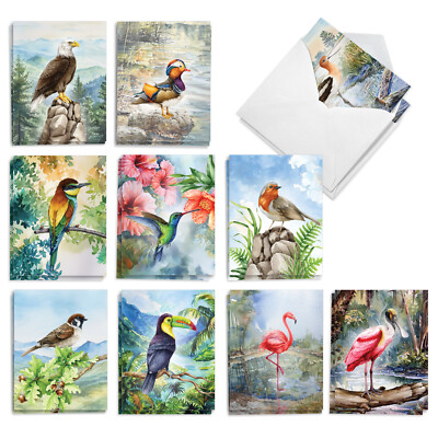 20 Asst'd Blank Notes 4x5.12'' w/ Envelope(10 Designs) Exotic Watercolor Birds