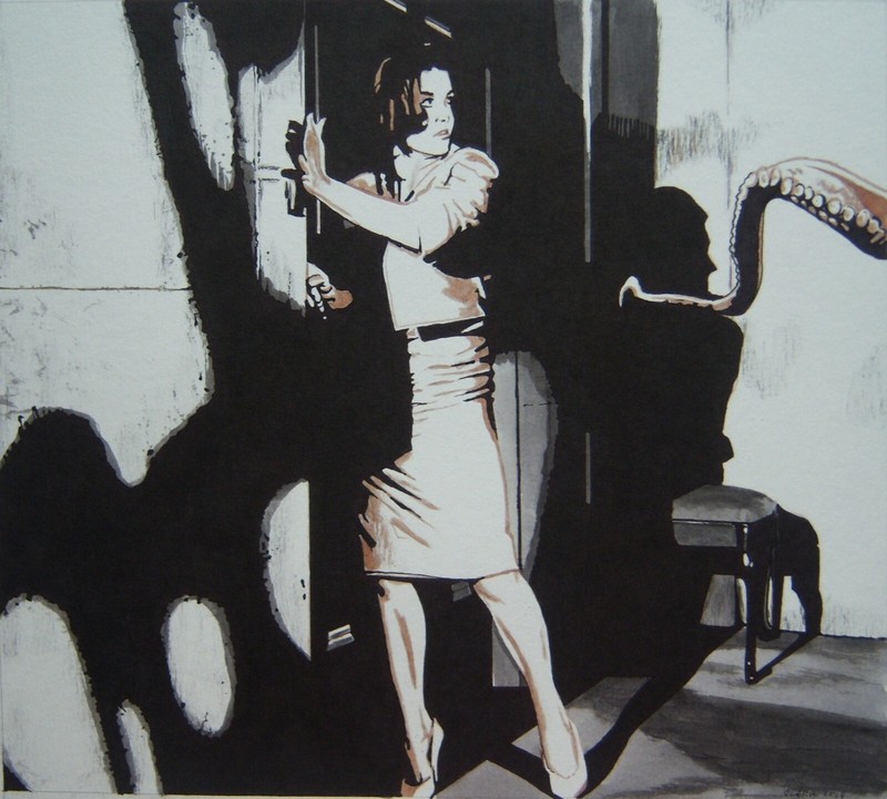 Original art - THE THING IN THE CELLAR - 2019 film noir, horror illustration