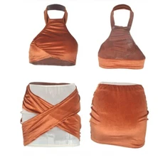 Women 2PC Set Corset Tops +Mini Skirts Summer Suits Mesh Velvet Patchwork Club 