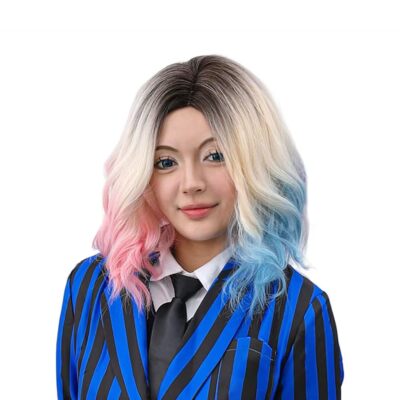 Short Wavy Pink and Blue Wig for Halloween Costume Cosplay Party for Women