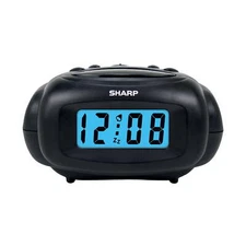 Digital alarm clock, black, LCD display, battery powered, small