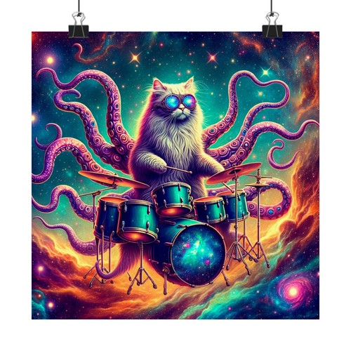 Matte Square Poster Wall Art Crazy Cosmic Cat Tentacles Playing Drums Sci Fi Pet - Picture 9 of 50