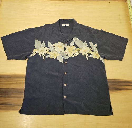 Tommy Bahama Large 100% Silk Hawaiian Shirt Short Sleeve Black Floral Hibiscus