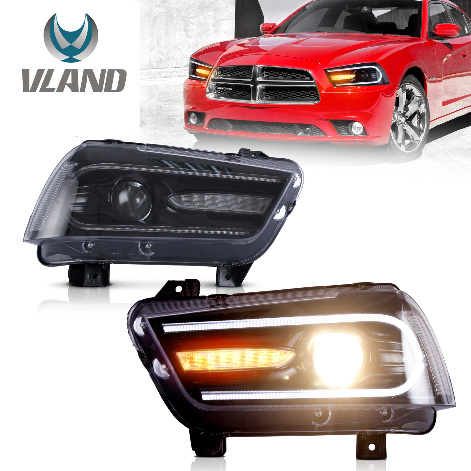 Phare VLAND LED Dodge Charger 11-14 avec double faisceau haut de gamme en finition noire