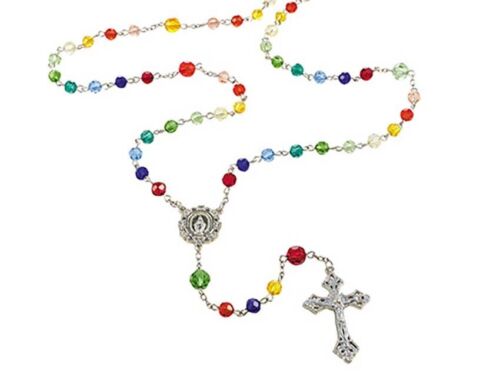 Rainbow Glass Bead Rosary (YC323) 20&#034; Long, Madonna Centerpiece, 6 &amp; 8 MM beads