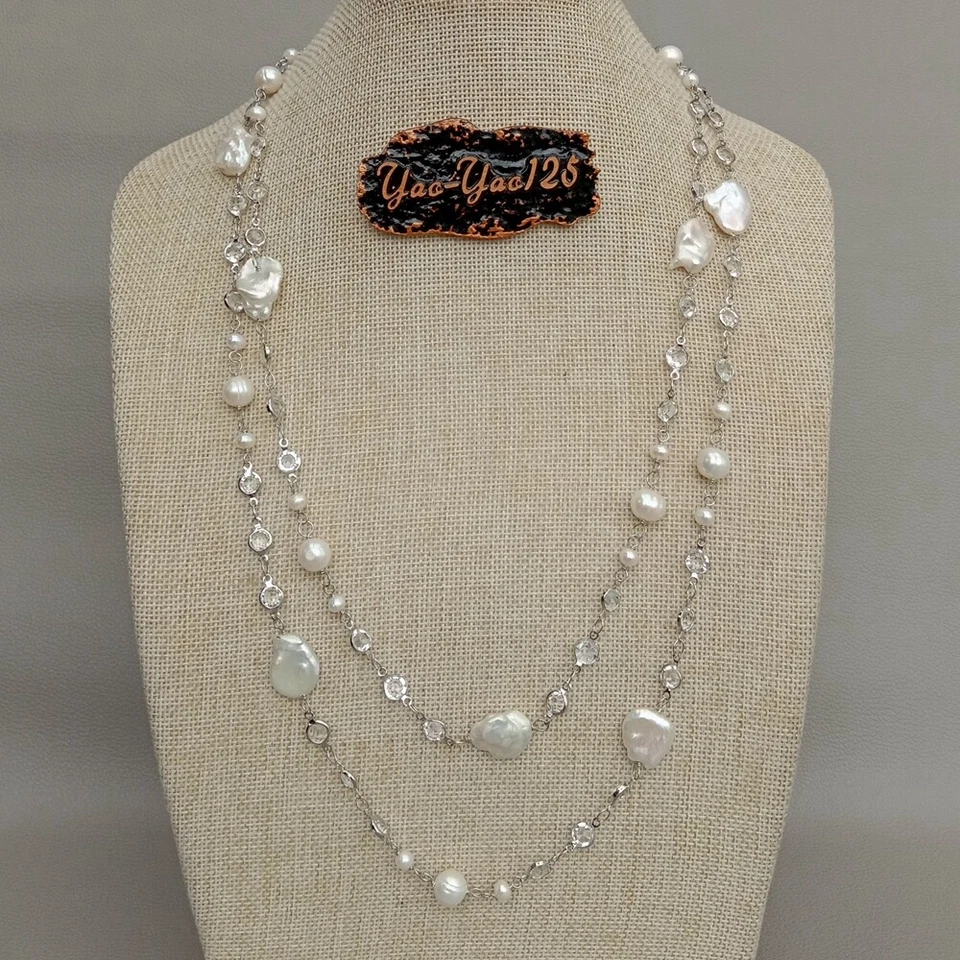 Collar Largo Cadena Pavé Circonita Circonita Chapado en Oro Blanco Perla Keshi Blanca Cultivada 42" Foto 4 de 4