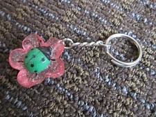 Green Ladybug Keychain Pink Flower Plastic Ke...