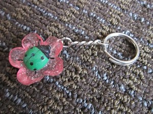 Green Ladybug Keychain Pink Flower Plastic Key Ring Glitter FREE SHIP