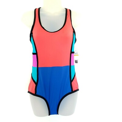Jantzen Swimsuit One 1 Piece Multi Color Block Black Blue Keyhole Back Sizes S M