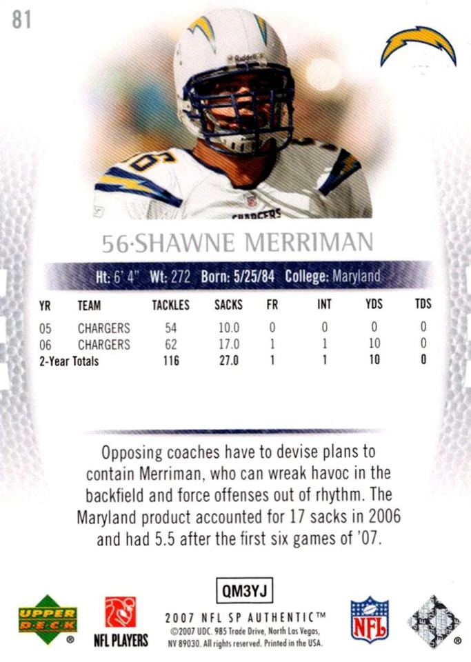 2007 SP Authentic Shawne Merriman San Diego Chargers #81 - Image 2 of 2
