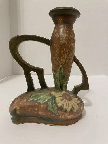 ROSEVILLE ART POTTERY 1920’S DAHLROSE 77-7 DOUBLE HANDLED 7 1/4” BUD VASE EUC