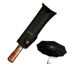 Inverted Umbrella, Large Windproof Compact 51 Inch-Wooden Handle Light Black