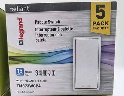 5-Pack Legrand White Paddle Switch Pass & Seymour Radiant 15 Amp 3 Way TM873WCP4