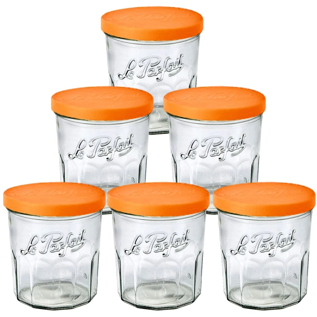 Jam Pots Clear Jars with Orange Snap Lids | Sturdy French Faceted Non-Slip Gl...