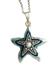 Starfish Sea Life Necklace Pearl Silver Plated Blue 19" Island Nautical Beach