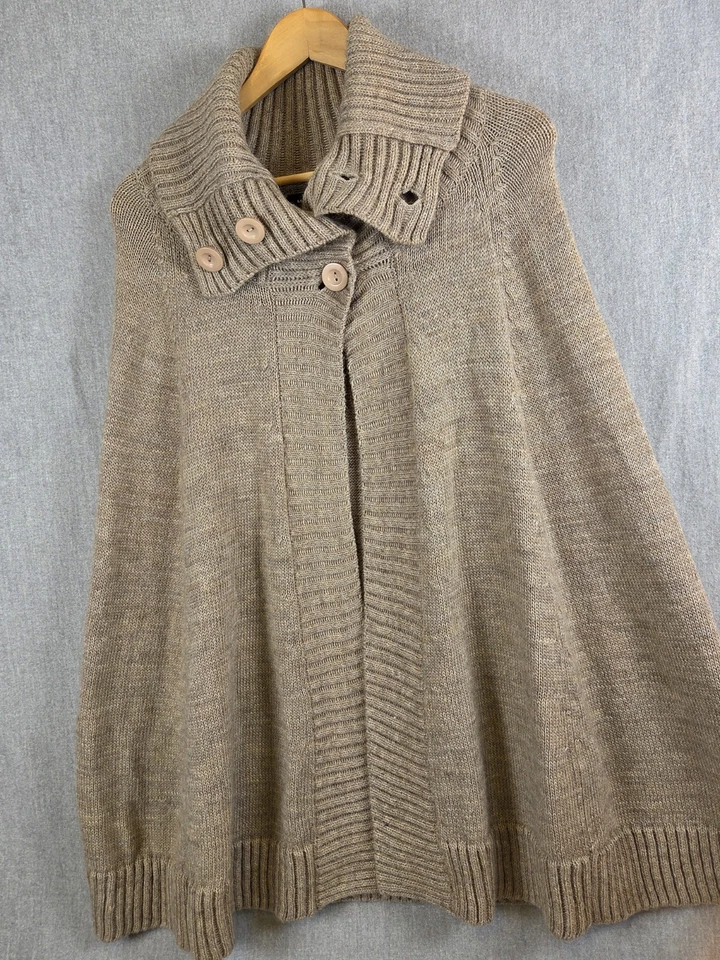 Lord & Taylor S Poncho Tejido con Cable Capa Pullover Tostado Lana Alpaca Cuello Simulado Retro Foto 2 de 4