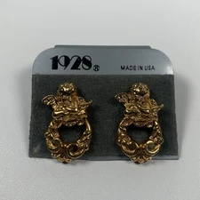 Vintage Angel Hoop Door Knocker Dangle Gold Tone Pierced Earrings