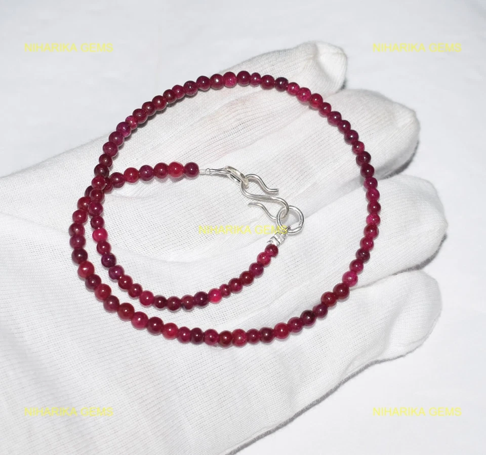 Rotondo Rubino Colorato Pietra Mamma Matrimonio Con Collana Gioielli 925 Argento - Immagine 3 di 4