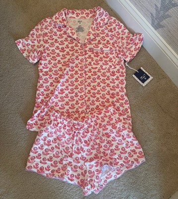 Roller Rabbit Women s Floral Print Cotton Pajama 2 piece Set White Pink Medium