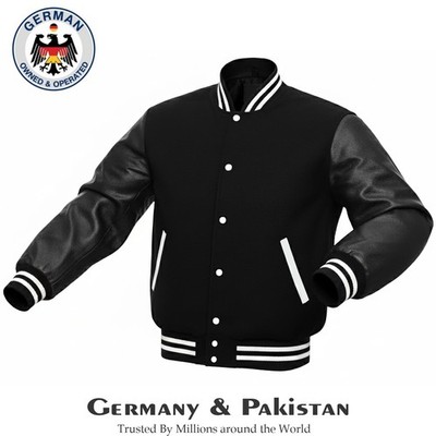 Black Varsity Letterman Wool Body Genuine Leather Sleeves Baseball Bomber Jacket