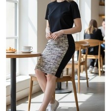 Lafayette 148 New York Women Tweed Panel Pencil Skirt Black Multi Size 14