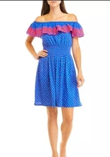 Lilly Pulitzer Kalama Off-The-Shoulder Smocked Mini Dress Embroidered Cotton Med