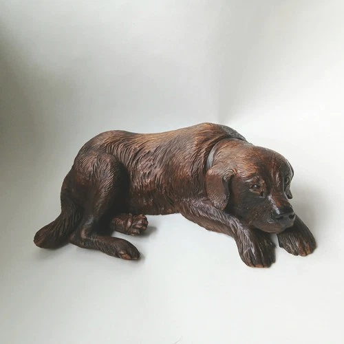 Victorian Black Forest Wood Carved Dog Life Like Glass Eyes 10 inches Long
