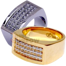 R2 Men Stainless Steel Gold Silver Plated Hip-Hop 3 rows CZ Bling Ring Size:8-13
