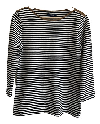 Chaps Women's Top Black & White Striped Brown Trim Nautical 3/4 Sleeve Size M