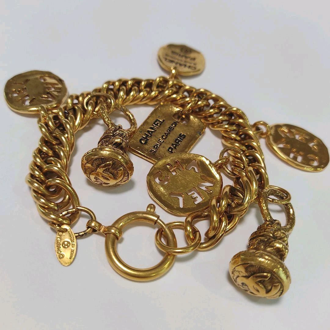 Vintage CHANEL Cambon Line Gold Charm Bracelet Used From Japan