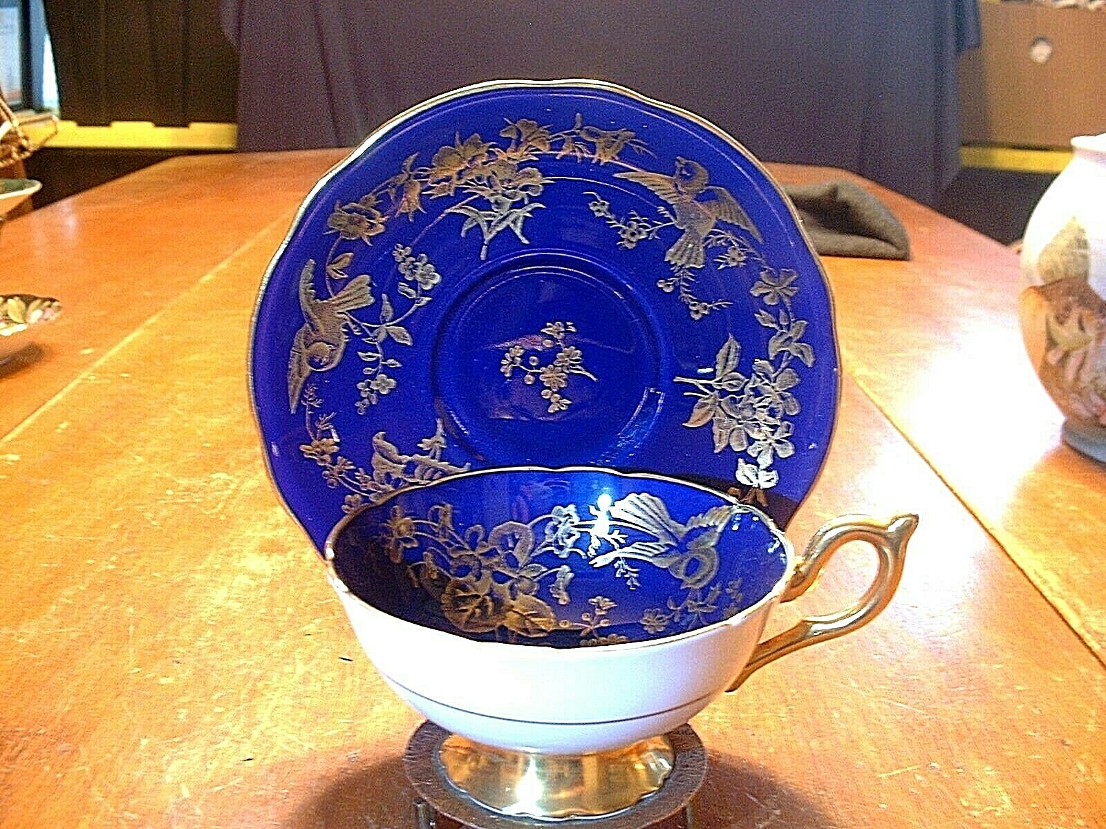 Antique Coalport Cobalt & Gold Cup & Saucer Decorated with Birds