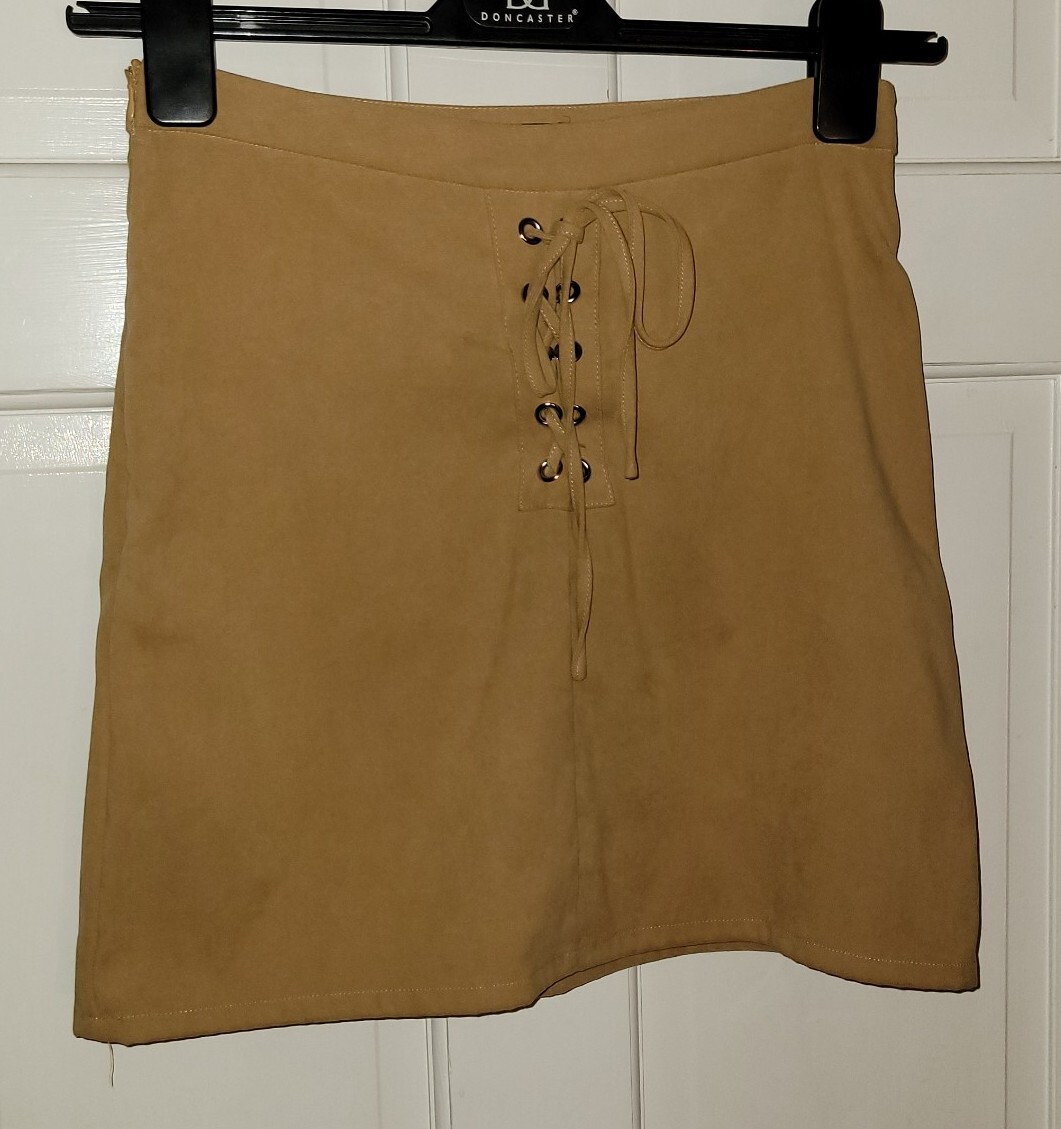 NASTY GAL camel Tan Faux Stretch Suede Lace Up side zip Mini Skirt