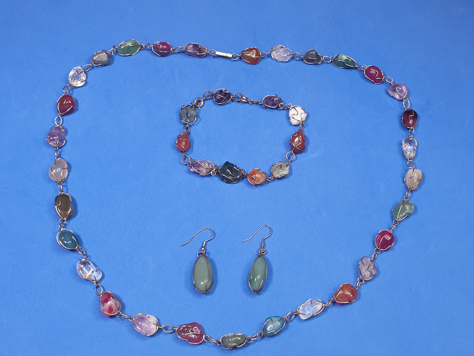Wire Wrapped Multi Gemstone Necklace Bracelet + E… - image 2