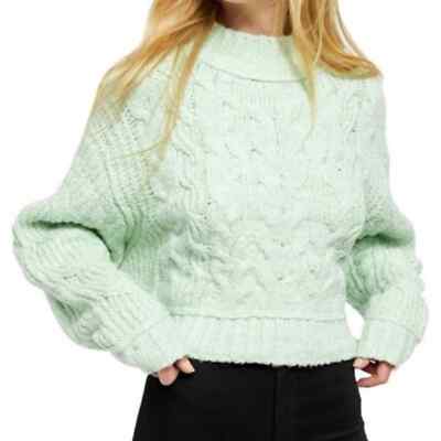 Free People Merry Go Round Crop Sweater Turtleneck Cable Knit Mint