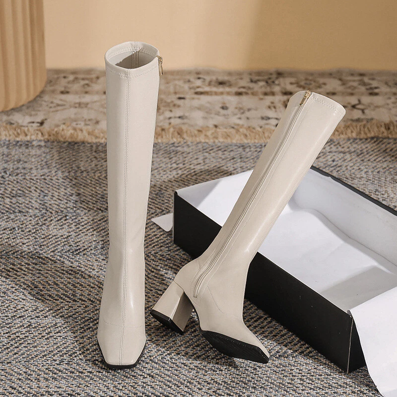 Mujeres Otoño Imitación Cuero Cremallera Lateral Puntera Cuadrada Tacones Medio Bloque Botas Hasta la Rodilla Foto 3 de 4