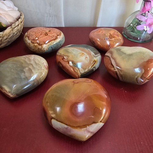 Large Polychrome Ocean Jasper Crystal Puffy Heart Orange Pink Brown Carved Heart - Picture 14 of 32