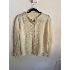 Vintage Cream Pointelle Knit Button Front Cardigan Sweater Crew Neck