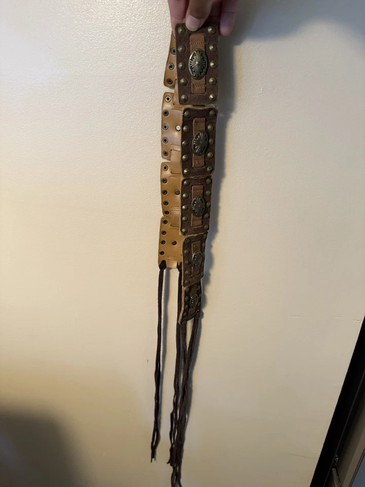 VTG Southwestern Concho Belt Brown Tan Leather  Tassel Tie Waist Studded 70” - Image 3 of 3