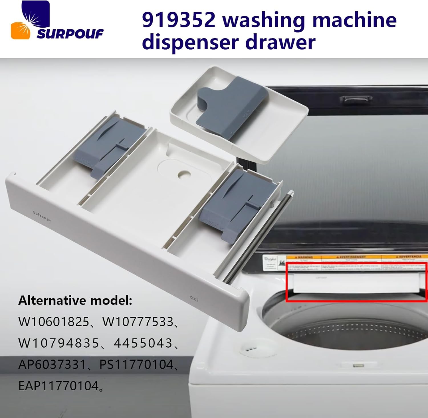 W10919352 Washing Machine Dispenser Drawer Replacement Compatible with as pic 