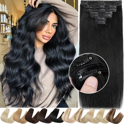 Thick Clip In Straight Full Head Russian Remy Human Hair Extensions Double Wefts