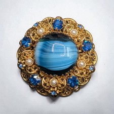 Broche De Colección Alemania Occidental Azul Porfido Escoria Vidrio Estrás Imitación Perla Tono Dorado