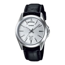 Casio MTP1370L-7AV Men's Vintage Classic Silver Dial Leather Band Day Date Watch