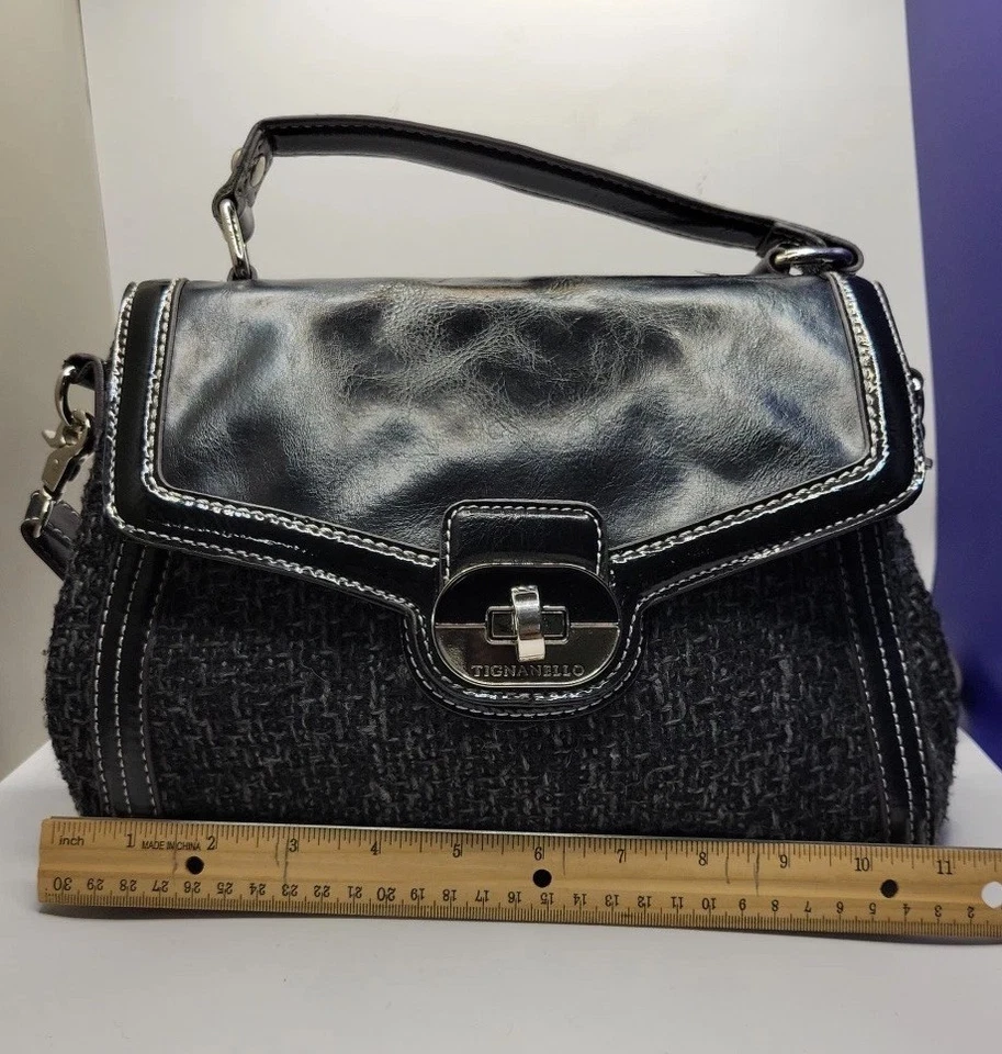 TIGNANELLO Tweed Bandolera Bolso de Mano Tela Tejido Negro Cartera Hombro De Colección Foto 3 de 4