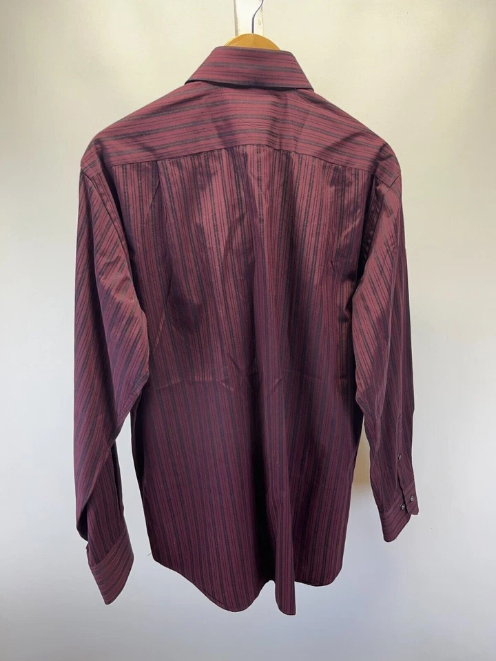 HUGO BOSS Button Up Dress Shirt Men's Size 16.5(34/35) Maroon Stripe Collar Neck - Image 2 of 4