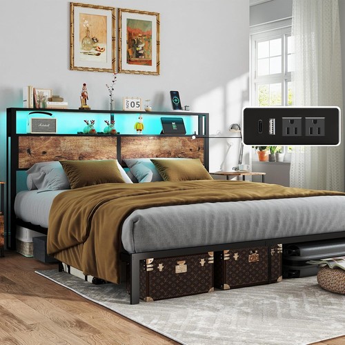 Bed Frame Full/Queen/King Size with 2-Tier Storage and LED Lights Headboard USB