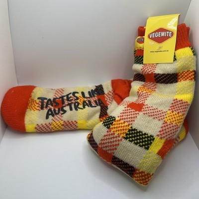 Vegemite Slipper Socks NWT Plaid Tastes Like Australia Size L/XL Australian